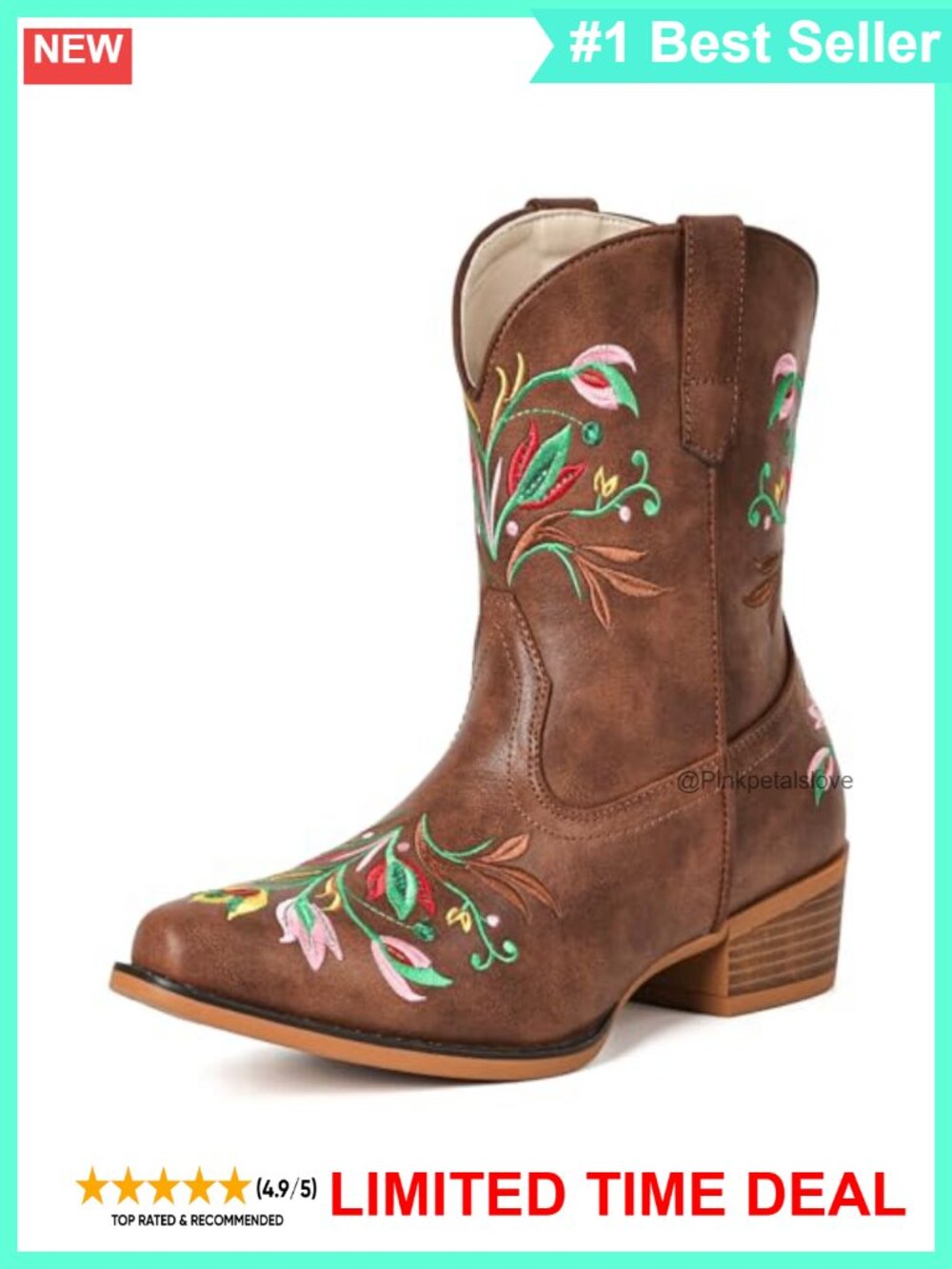 Western Cowboy Ankle Boots Flower Embroidered Block Heel